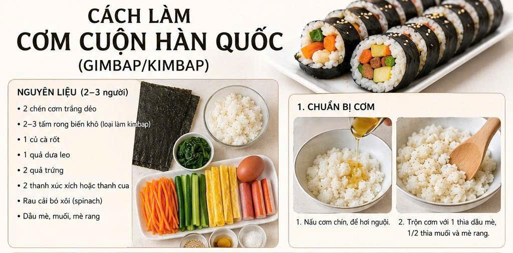 Cách làm cơm cuộn Hàn Quốc